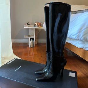 SAINT LAURENT YSL JUSTIFY BLACK PATENT BUCKLE LEATHER KNEE HIGH BOOTS